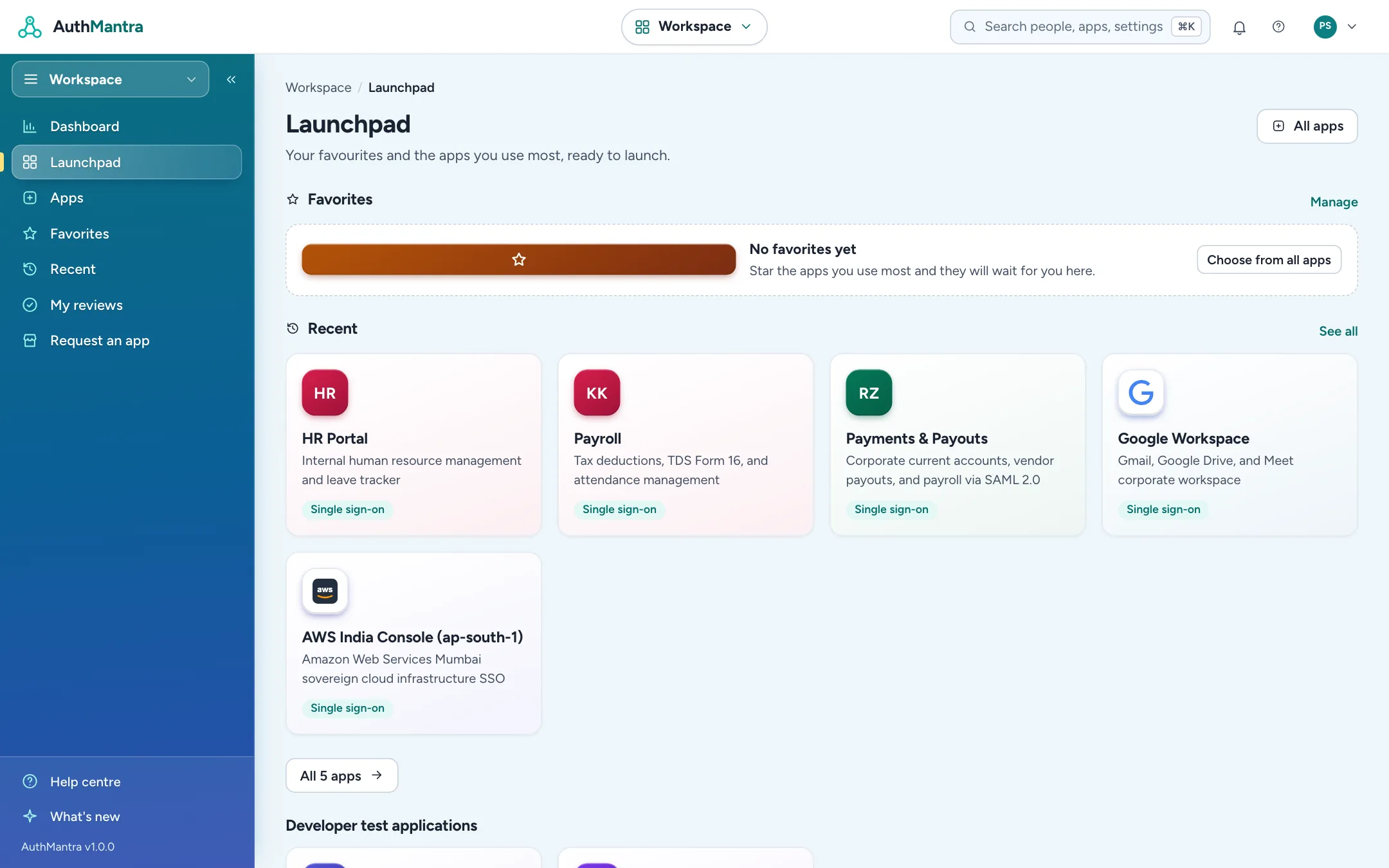 The AuthMantra launchpad with a person's assigned apps, shown with demo data
